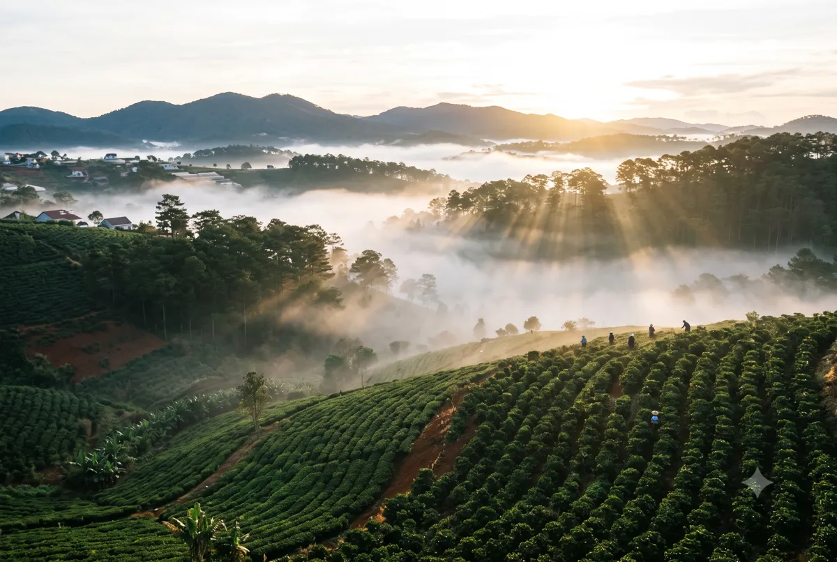 Vườn cà phê Đà Lạt trong sương sớm